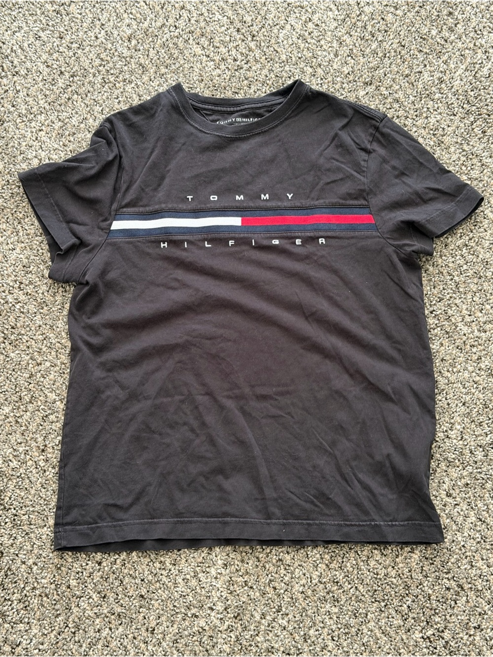 Tommy Hilfiger Black Tee with Red, White & Blue Stripe